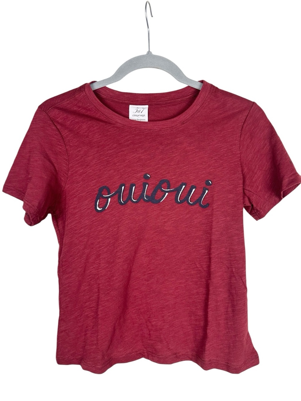 Cinq A Sept Oui Oui Script Tee in Wineberry Navy NWT Size XS